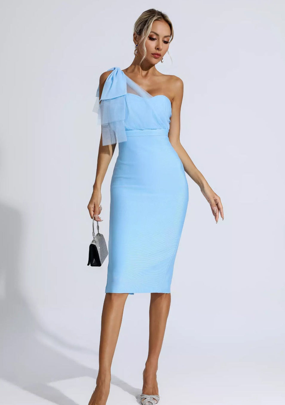 Vestido midi azul elegante un hombro - ICON BOUTIQUE WOMAN