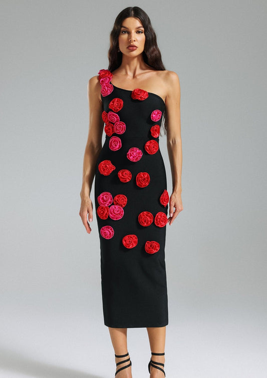 Vestido Negro Asimétrico con Flores 3D Rojas - ICON BOUTIQUE WOMAN